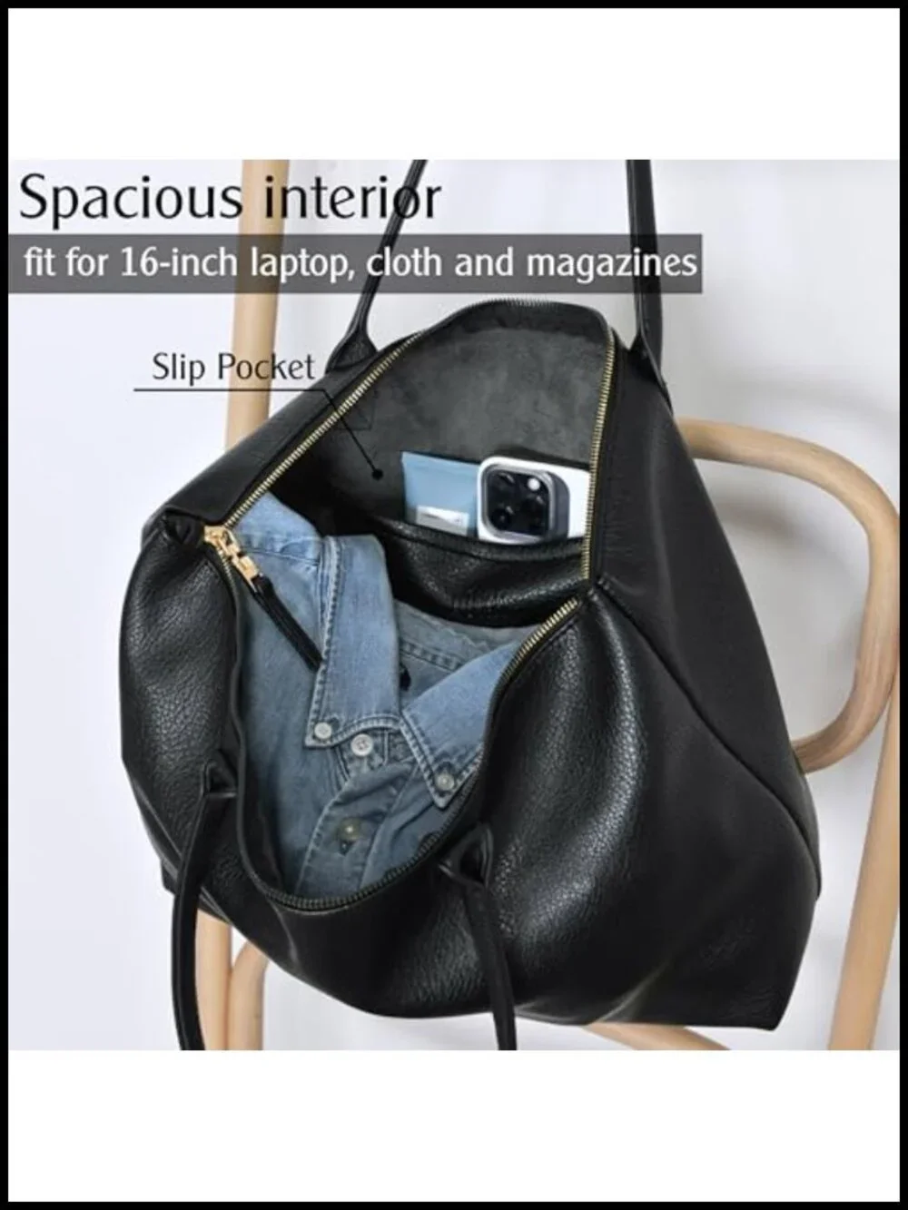Large Vegan Leather Tote Bag with Zipper and Luggage Sleeve